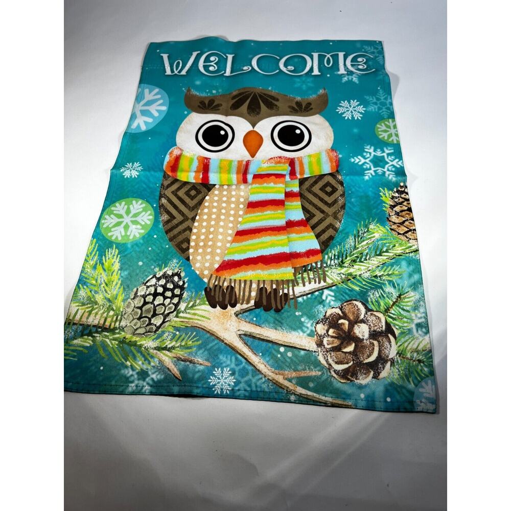 Whimsical Holiday Cute Owl Colorful Christmas Garden Yard Flag 12 x 18 in NEW